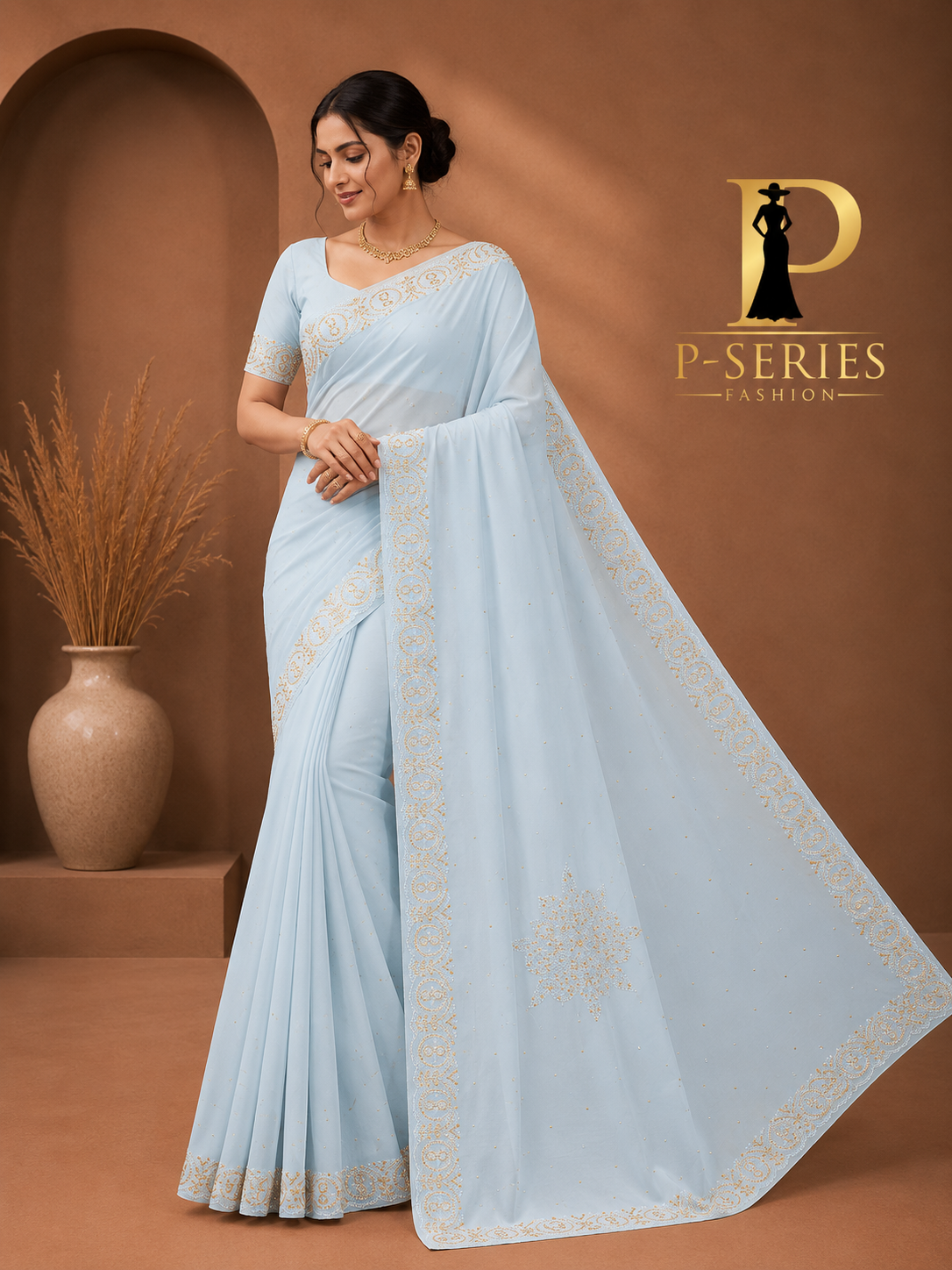 Sky Blue Premium Designer Stone Work Saree | Elegant Party Wear & Wedding Collection